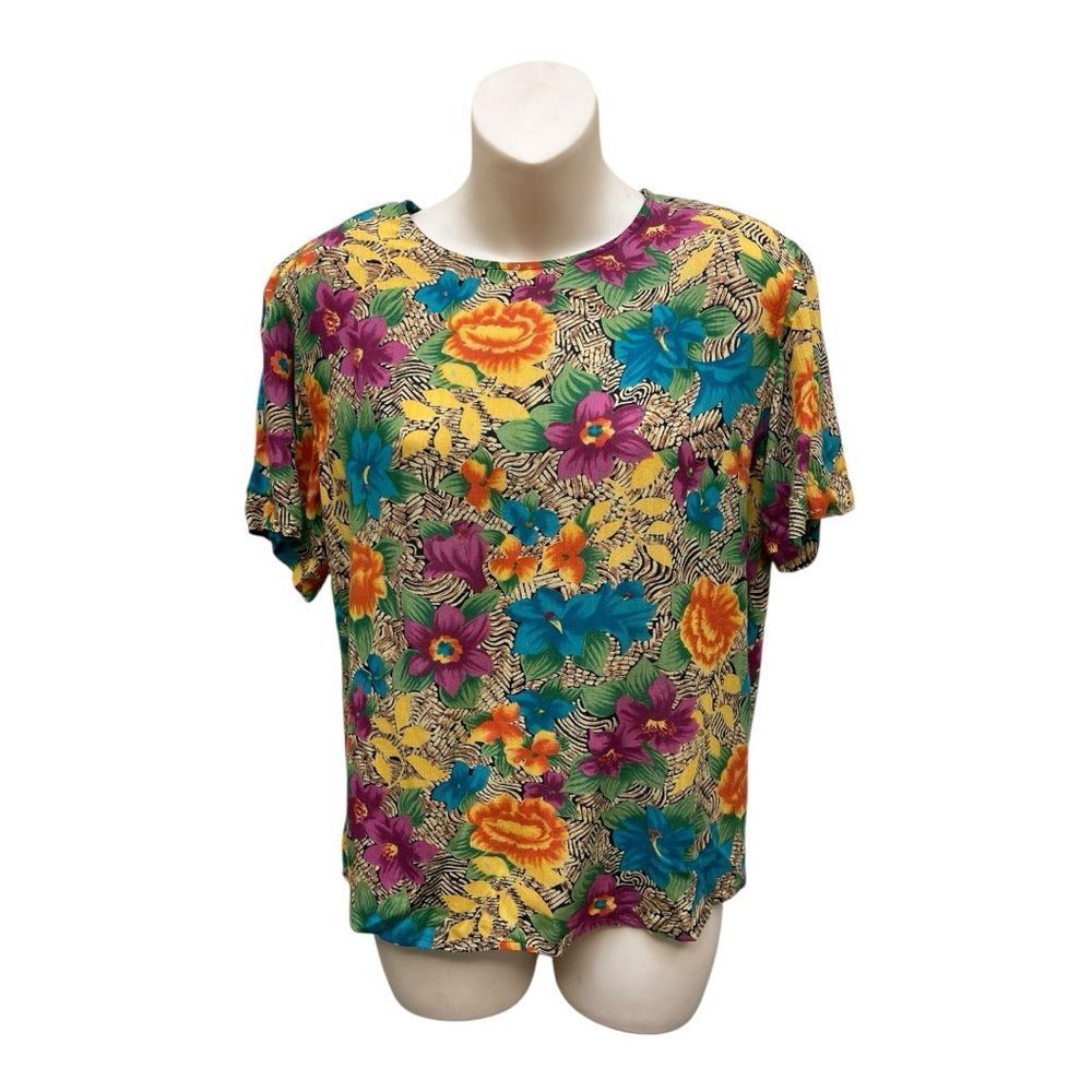 Vintage Carole Little Petite Floral Blouse Womens Retro 90s Tropical Top